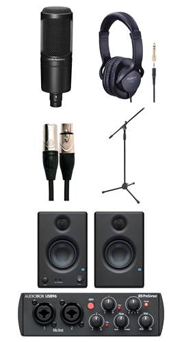 Audio Technica AT2020 Vocal Recording Pack with Mic Stand, Headphones, Presonus Eris E3.5 and Presonus Audiobox USB 96 25th Anniversary