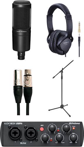 Audio Technica AT2020 Vocal Recording Pack with Mic Stand, Headphones, and Presonus Audiobox USB 96 25th Anniversary