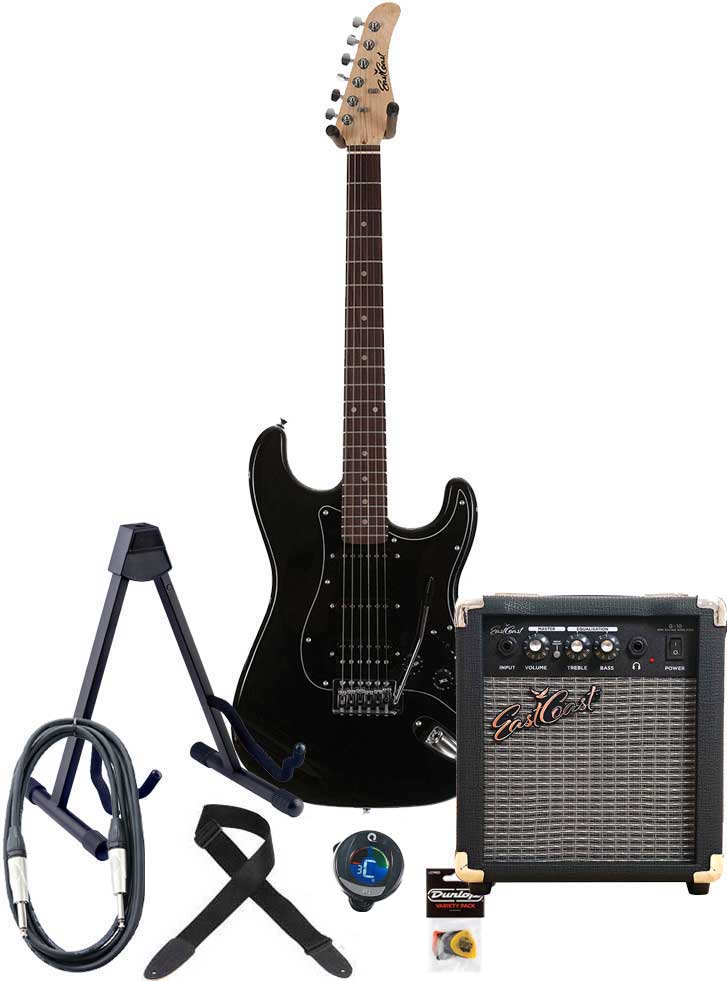 EastCoast ST2 HSS Electric Guitar Pack Metallic Black