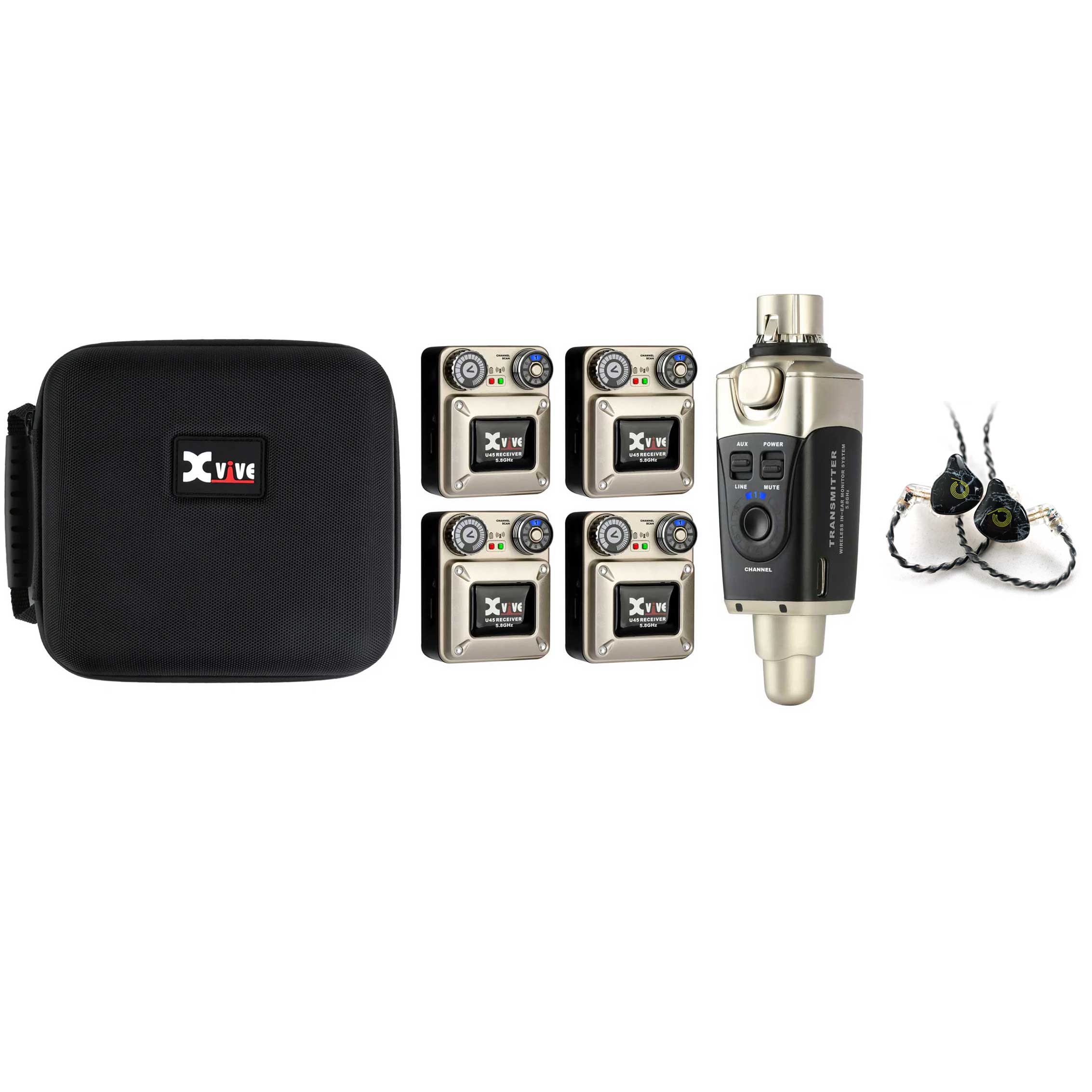 XVive XU45R4 IEM System - Four Receivers with Free Case and 4x HP-IEM30 Professional In-Ear Monitor Earphones