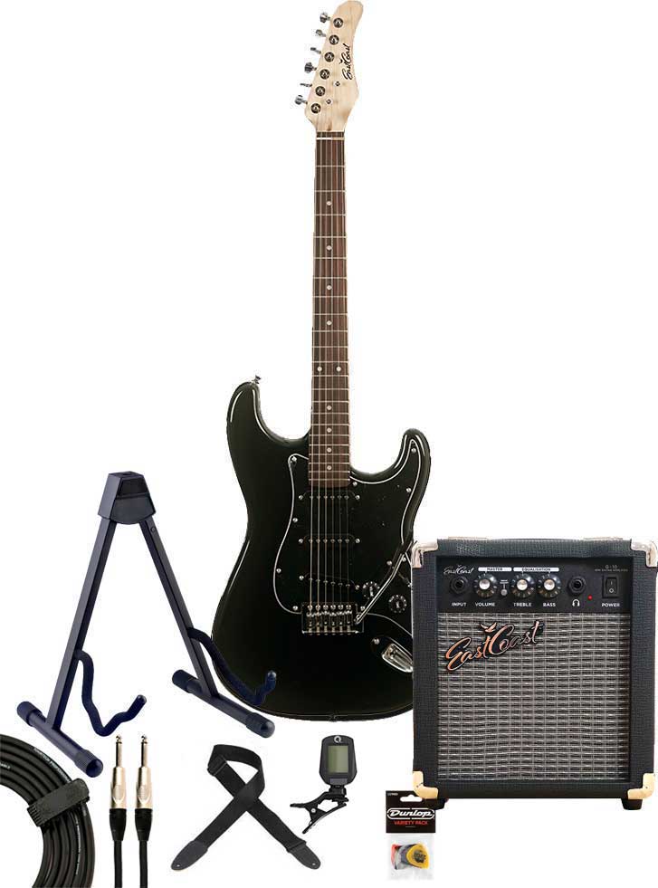 EastCoast ST1 Electric Guitar Pack Black with Black Pickguard