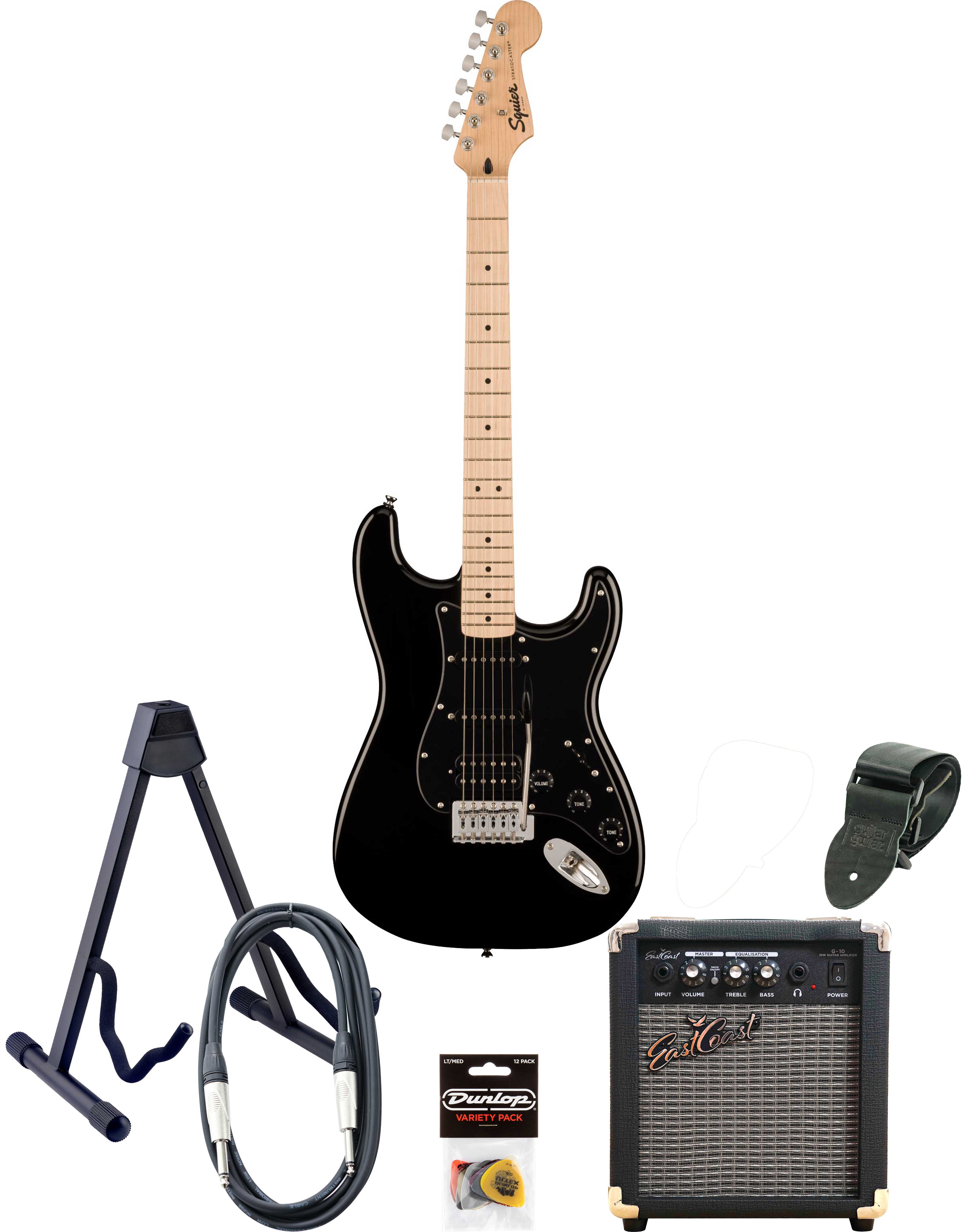 Squier Sonic HSS Stratocaster & Eastcoast G10 Pack Black