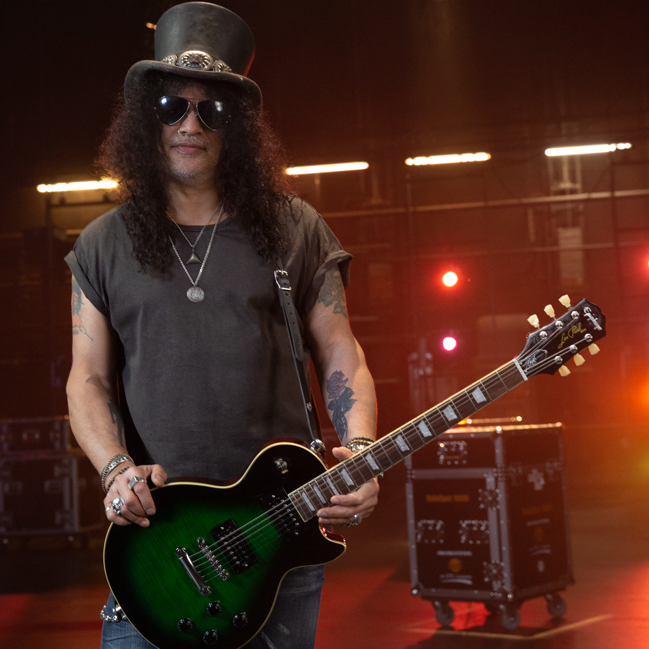 Slash with the Epiphone Les Paul Standard Anaconda Burst Les Paul